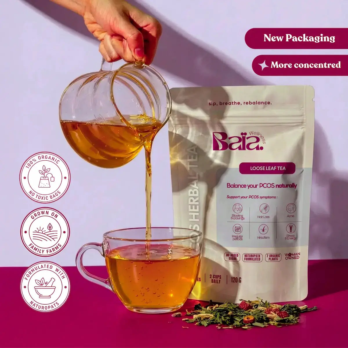 Organic PCOS tea brewing scene - golden herbal infusion pouring into glass cup with new concentrated Baia Wellness packaging loose leaf blend