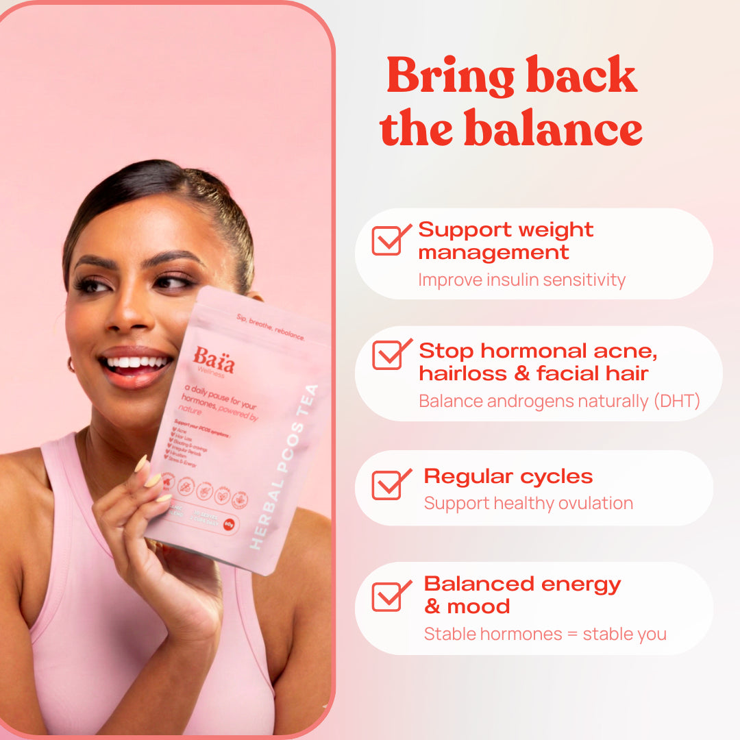 Woman with Baïa PCOS tea for natural hormone balance and wellness