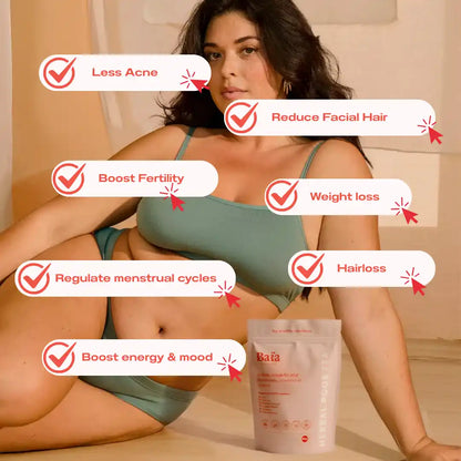 Happy woman enjoying Baïa Wellness herbal tea for PCOS symptom relief