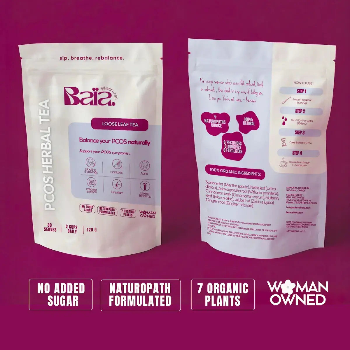 Organic PCOS tea loose leaf 60g - 30 servings, no added sugar, 7 organic plants, naturopath formulated, woman-owned business - Baia Wellness