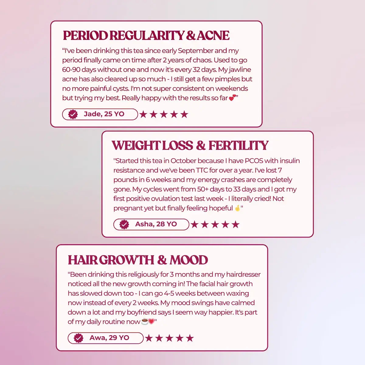 Real Baia PCOS Tea customer testimonials: period regularity restored, weight loss and fertility improvements, hair growth support, and acne reduction. 5-star reviews from women experiencing genuine results with natural PCOS treatment.