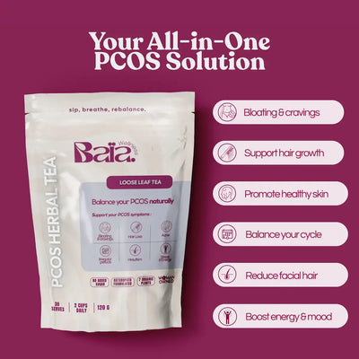 Baia Wellness PCOS Herbal Tea - Natural loose leaf infusion to balance hormones, reduce bloating and cravings, support hair growth, promote healthy skin, and regulate menstrual cycle. 60g pouch for 30 servings, 2 cups daily.