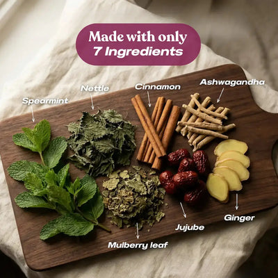 7 natural ingredients in Baia PCOS Tea: spearmint, nettle, cinnamon, ashwagandha, ginger, jujube, and mulberry leaf. Herbal formula specifically designed for polycystic ovary syndrome management.