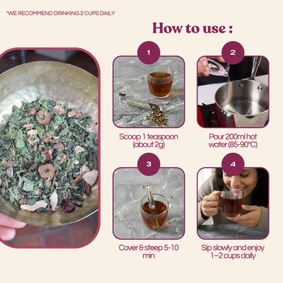 How to prepare Baia PCOS Tea: Scoop 1 teaspoon (about 2g) into 200ml hot water (85-90°C), cover and steep 5-10 minutes, sip slowly and enjoy 1-2 cups daily. Step-by-step brewing guide for best results.